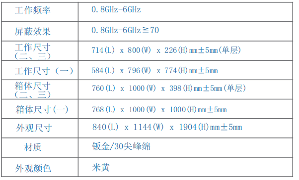 工作频率 0.8GHz-6GHz 屏蔽效果 0.8GHz-6GHz≧70  工作尺寸 （二、三） 714(L) x 800(W) x 226(H)mm±5mm(单层) 箱体尺寸(一) 760(L) x 1000(W) x 398(H)mm±5mm(单层) 外观尺寸 840(L) x 1144(W) x 1904(H)mm±5mm 材质 钣金/30尖峰绵 外观颜色 米黄